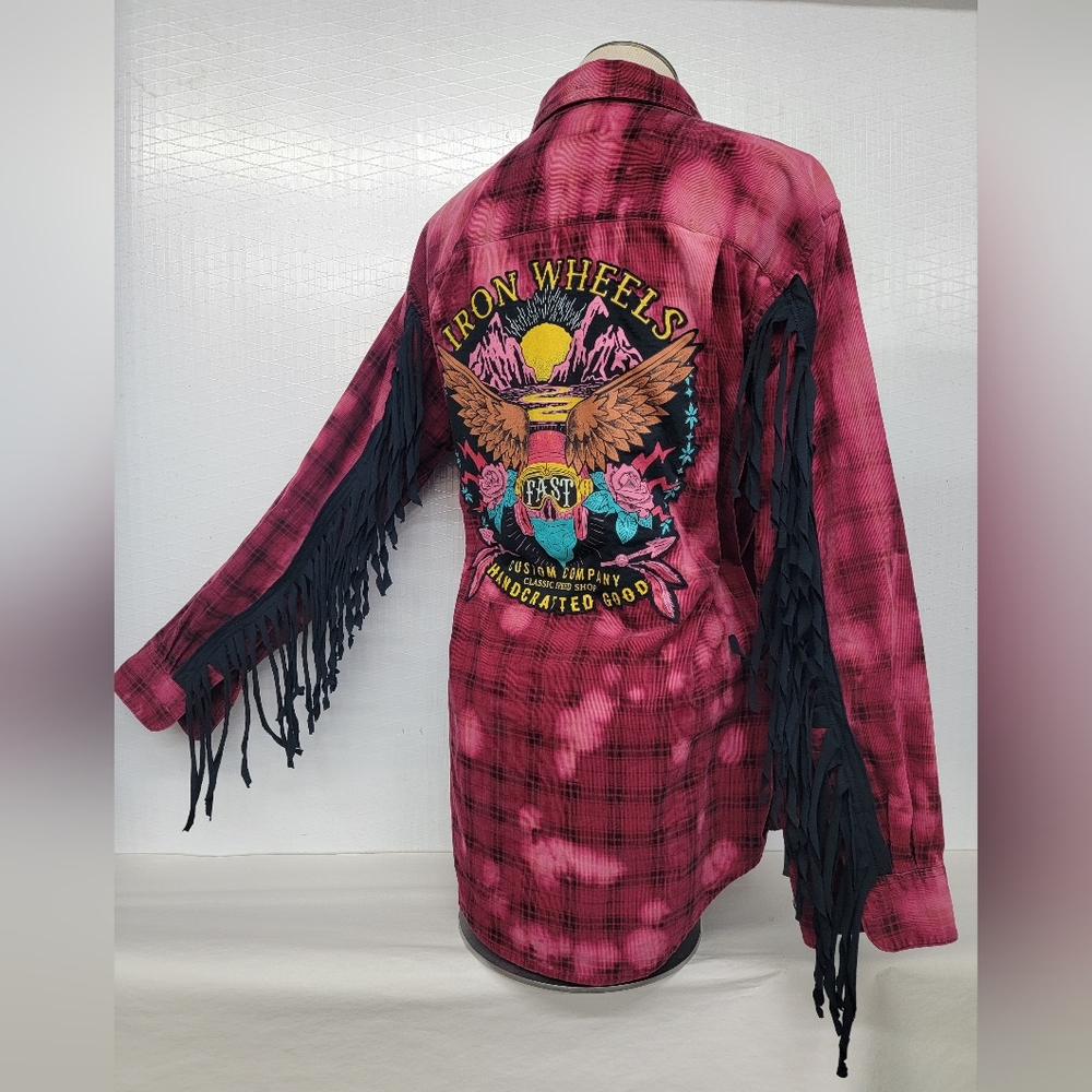 Upcycled Biker Moto Flannel Shirt Shacket Harley Davidson Patch & Fringe - Picture 6 of 13